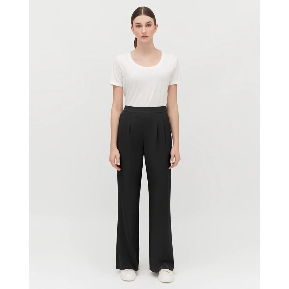 Cuyana Silk Charmeuse Wide Leg Pleated Black Dress Pants Trousers Medium NWT